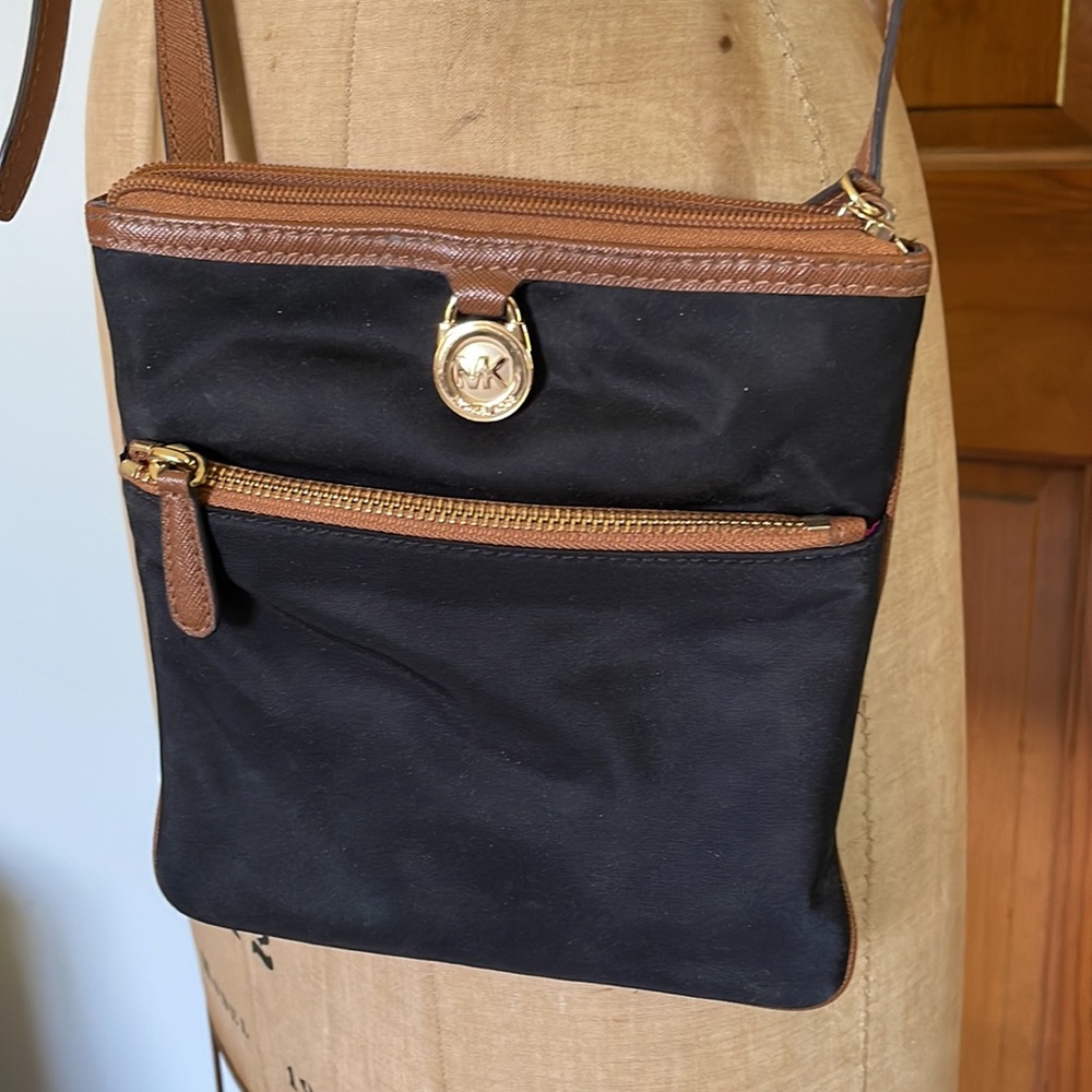 Michael Kors Black & Brown Crossbody Bag with hot pink lining